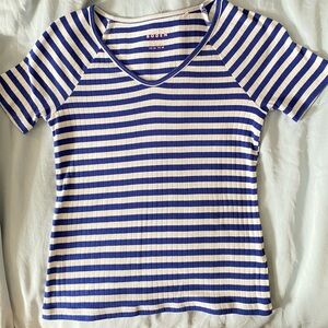 Boden Navy and White Striped V-Neck Top